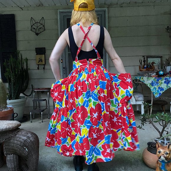 Vintage 1980s Supercraft Made in India Floral Cotton Overalls Dress High Waist - Picture 3 of 10